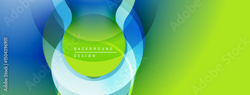Abstract design features layered circles, vibrant blues, greens. Modern aesthetic creates dynamic visual impact. Smooth gradients enhance depth.