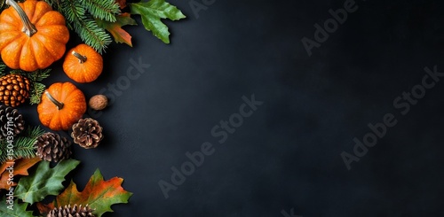 Vibrant Autumn Decorations Featuring Pumpkins and Pinecones Arranged on a Dar...