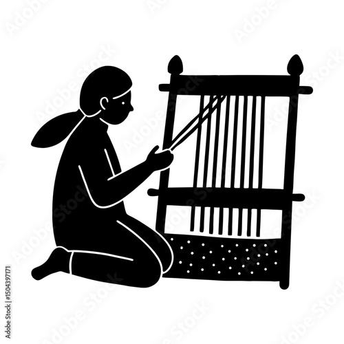 Woman weaving on a loom in a seated position art silhouette