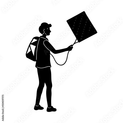 Person holding a square object with a backpack on silhouette