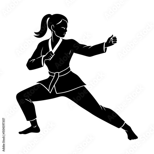 Woman in gi performing a martial arts stance pose silhouette