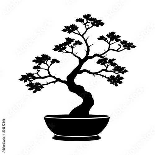 Silhouette of a bonsai tree in a rounded container