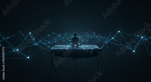 Man meditating on flying futuristic platform. Modern digital network with lines and spheres. Abstract artificial intelligence and cyber realm concept.