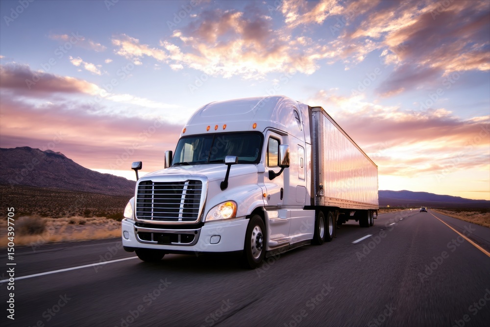 Obraz premium A Long Haul Semi Truck Navigating a Highway at Sunset Journey