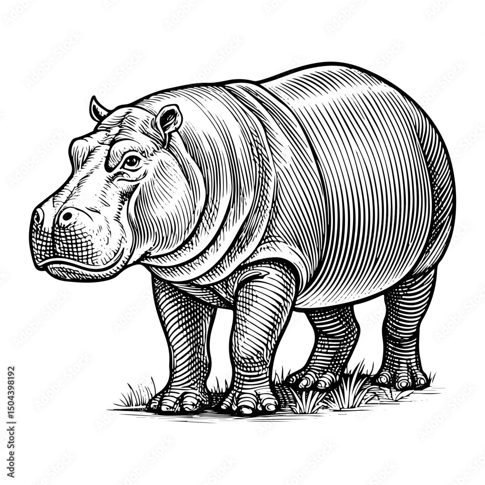 Fototapeta premium engraving hippo, vector line art illustration, isolated on white background, illustration, vintage, hippo, vector, art, isolated, animal, drawing, engraving, sketch, hippopotamus, zoo, graphic,