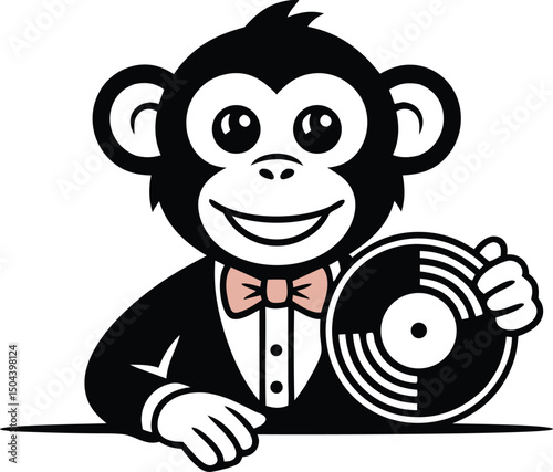 Monkey, dressed to impress in a tuxedo, confidently holds a vinyl record