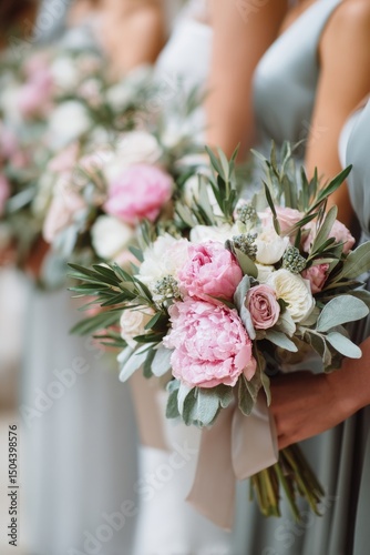Elegant Bridal Bouquets Held by Bridesmaids in Soft Pastel Colors During a We...