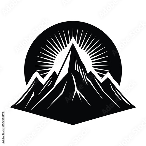 Majestic Mountain Peak Sunrise Logo Design, Black and White Graphic