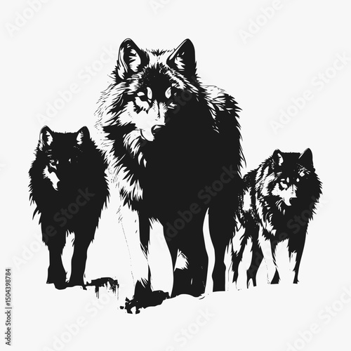 Three wolves black and white illustration wildlife animal canine predator pack nature mammal forest art silhouette