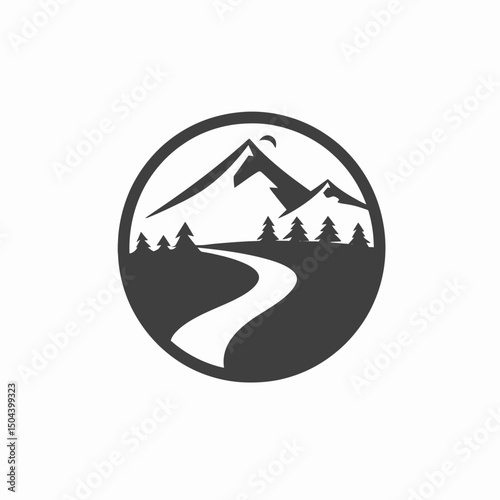 Mountain landscape nature adventure travel outdoor peak tree river scenic tourism explore logo design silhouette