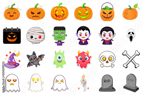 Halloween - themed Vector Cartoon Character Set. Includes pumpkins, mummies, Frankensteins, vampires, ghosts, bats, skulls, tombstones, and more. Editable cartoons. Vector illustrations.