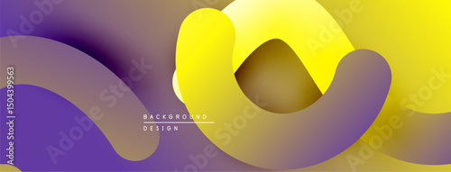 Abstract fluid shapes blend purple, yellow hues. Modern design evokes movement, depth, visual interest. Background features gradient transitions.