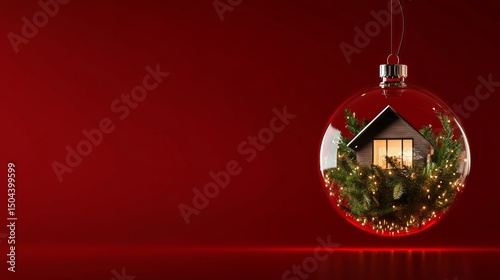 Ornament With House Surrounded by Evergreen Branches and Lighting on Red Back...
