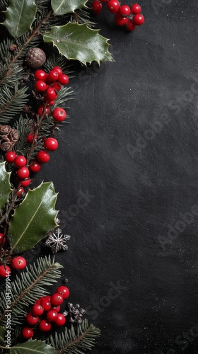 Festive Arrangement of Red Berries and Evergreen Leaves on Dark Surface for W...