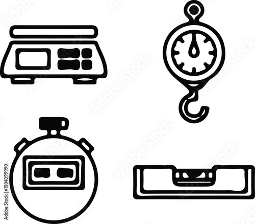 Precision and Measurement Tools: A graphic display of essential measuring tools including digital scale, hook scale, stopwatch, and level, symbolizing accuracy, precision and control.