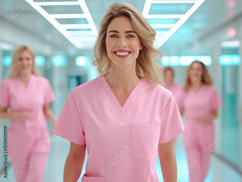 Smiling healthcare professionals walk confidently through a hospital corridor