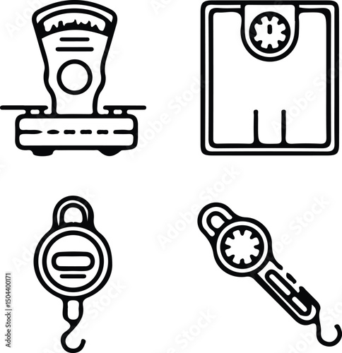 Weighing Scales Icon Set: A collection of four distinct weighing scale icons, perfect for app design, weight management, or any project requiring simple and clean weighing scale graphics.