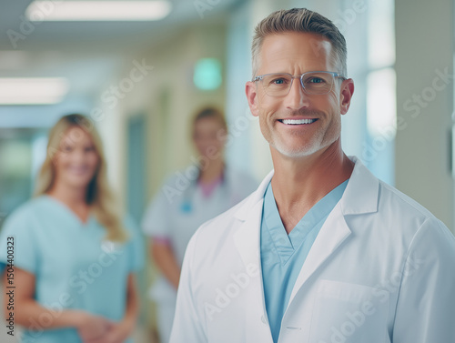 Smiling doctor with colleagues in hospital corridor during daytime