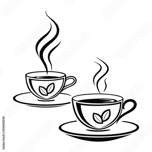 Black and White Tea or Coffee Cup Icon – Steaming Beverage Silhouette with Leaves on Saucer