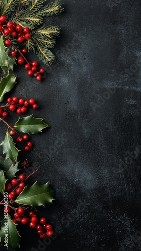 Festive Decoration With Holly and Berries on a Dark Background for Holiday Ce...