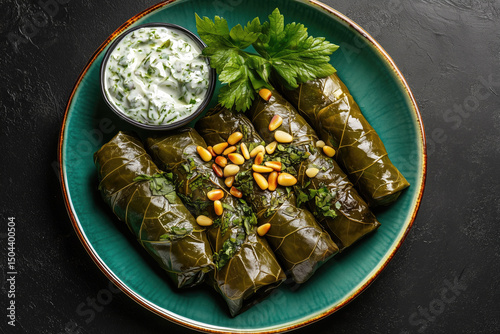 Delicious dolmas served on a vibrant plate with fresh herbs