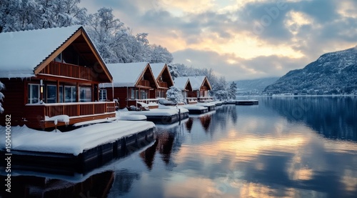 Snow-covered Cabins Reflect on Tranquil Water in a Winter Landscape