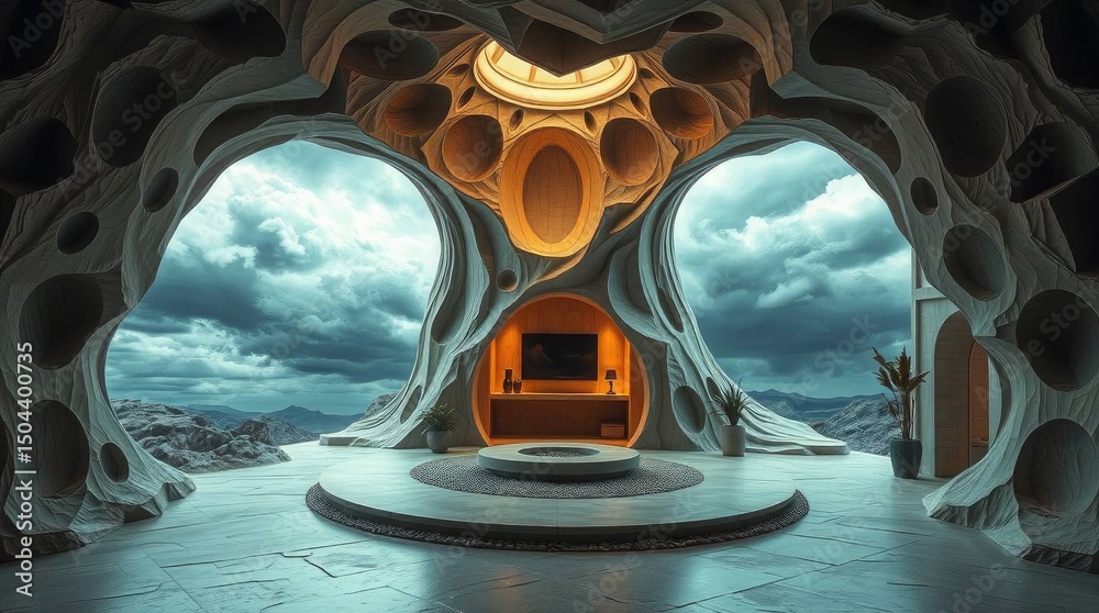 Obraz premium Interior view of a unique architectural structure with cloudscape backdrop