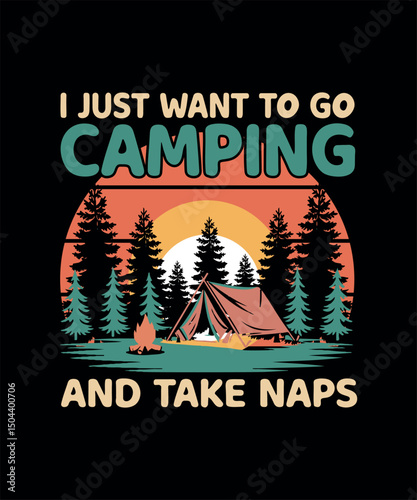 Colorful Camping Illustrative Design With Relaxing Theme and Sunset Scenery