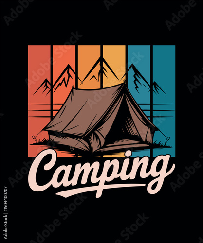 Colorful Camping Scene with Tent, Forest, and Mountain Silhouette
