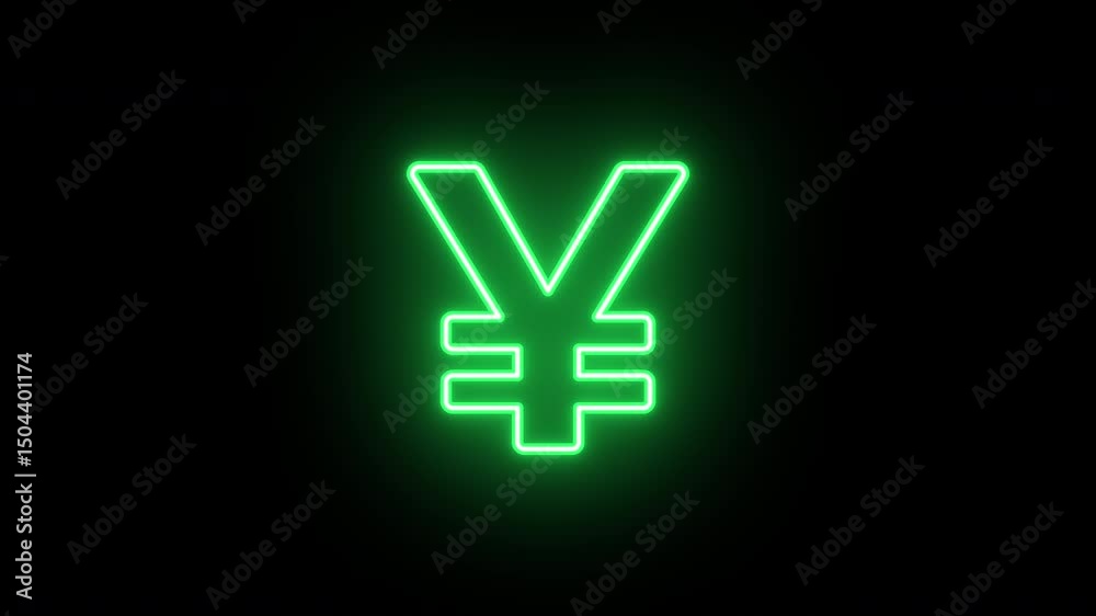 Neon yuan icon animation, flickering emergence and fading. Glowing neon yen money icon, looped animation. Yuan currency sign, Chinese money, bank business, investments. Golden green orange colors