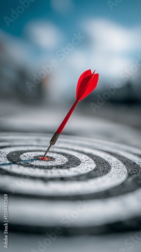 Dart Hitting the Bullseye on a Target Outdoors During a Sunny Day