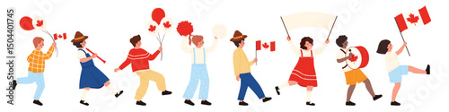 Children marching in a festive Canada Day parade holding flags, balloons, and banners, joyful celebration on white isolated background for national holiday events vector illustration