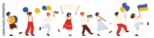 Happy children marching with Ukrainian flags, balloons, and traditional clothes for Ukraine Independence Day parade on white background, perfect for holiday and celebration themes, vector illustration