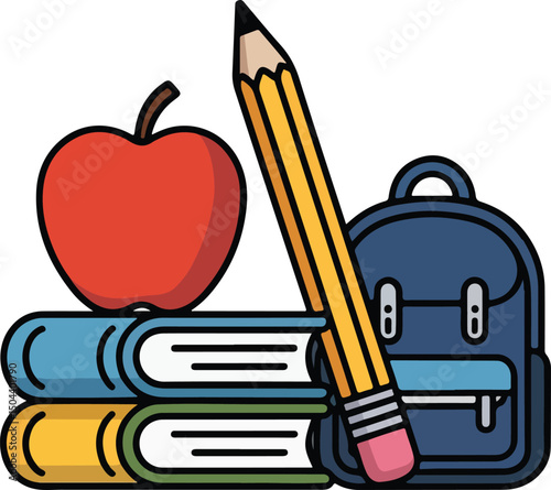 School supplies with apple pencil books and backpack.