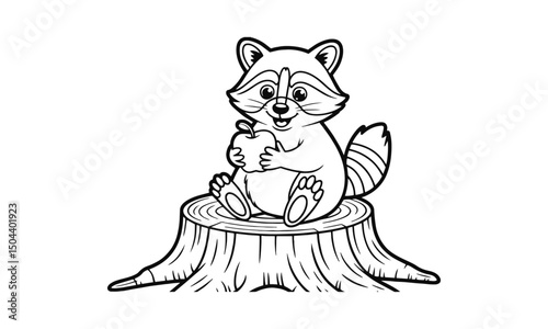 A cute cartoon raccoon sitting on a tree stump, holding an apple with both paws, easily scalable and editable.