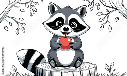 A cute cartoon raccoon sitting on a tree stump, holding an apple with both paws, easily scalable and editable.