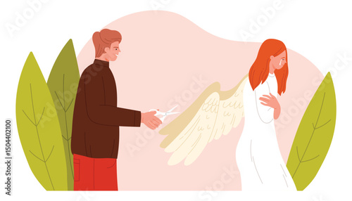 Toxic relationships in couple, emotional manipulation and family abuse, violence. Angry man cutting with scissors white feathers from angel wings of sad crying woman cartoon vector illustration