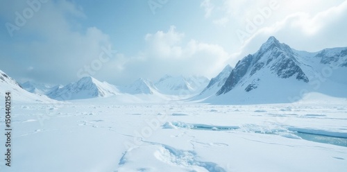 Vast expanse of snow-covered Arctic wilderness, stark yet captivating, polar, icy plains