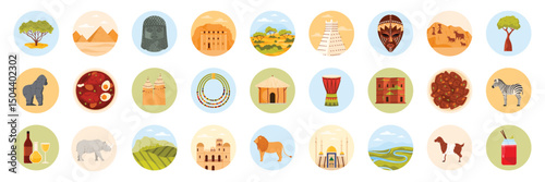 Travel to Africa set of round stickers with African culture elements, landmarks and food. Pyramids of Egypt and traditional hut, rock paintings, savanna and river landscape cartoon vector illustration