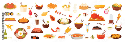 Street food and drink of Asian cuisine set. Korean bibimbap pot and Thai tom yum soup, Chinese dim sum and Indian samosa, Malaysian fried rice, Japanese fish sushi cartoon vector illustration