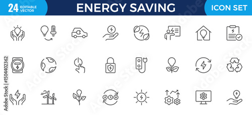 Energy Saving outline icon set with conservation, reduce waste, consumption, management, efficiency, gas emission and green house. Eco related icons Energy Costs, Power ConsumptionGreen House