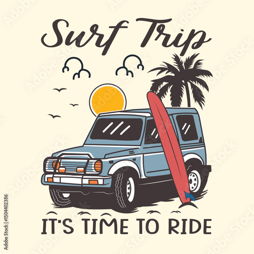 Summer vibes surfing board jeep car vector illustration for t-shirt, patch, sticker print	
