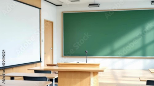 Empty classroom interior features a blackboard on the wall and some furniture