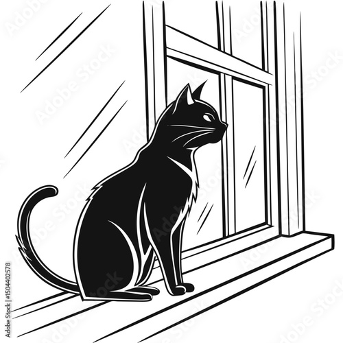 Black Cat Sitting on Windowsill – Minimalist Line Art Silhouette Vector Illustration
