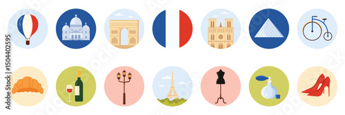 Travel to France set of round stickers with French culture elements, landmark and food. Wine bottle and glass, old bicycle and croissant, perfume and red fashion high heels cartoon vector illustration