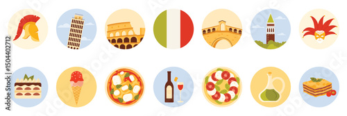 Travel to Italy set of round stickers with Italian culture elements, landmarks and food. Leaning Tower of Pisa and Colosseum, pizza and lasagna, tiramisu and olive oil cartoon vector illustration