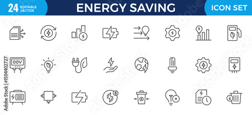 Energy Saving outline icon set with conservation, reduce waste, consumption, management, efficiency, gas emission and green house. Eco related icons Energy Costs, Power ConsumptionGreen House