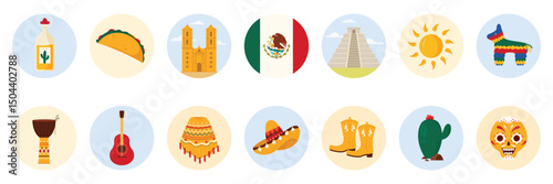Travel to Mexico set of round stickers with Mexican culture elements, landmarks and food. Chichen Itza Pyramid and taco, sombrero and guitar of mariachi guitarist, tequila cartoon vector illustration