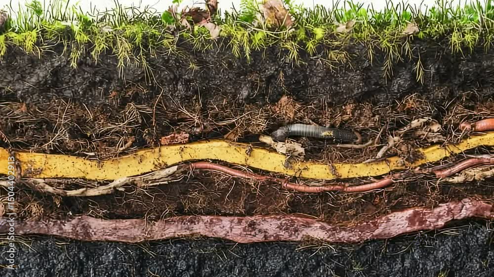 Detailed cross-section of soil layers with visible worms and roots ...
