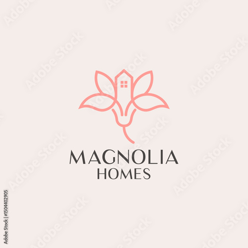 Minimalist Outline Magnolia Flower House Real Estate Agency Logo Design